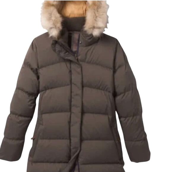 Prana Kromata Long Down Jacket Women's Faux Fur Hood Sz Small Black Olive - Picture 3 of 4
